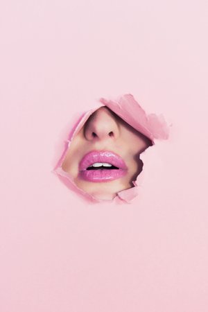 Mobile HD Wallpaper Woman with Pink Lipstick on Hole of Pink Paper  Womens Lips Wallpaper