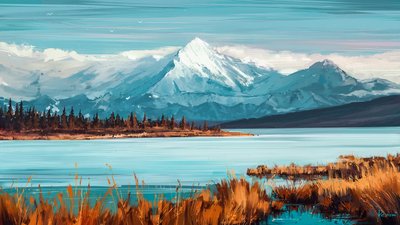 Snow Mountain and Lake Painting HD Wallpaper of a Tranquil Scene with Water Reflections