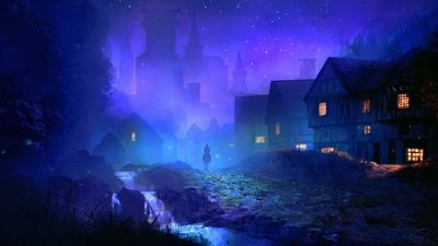 Spooky Night Village Wallpaper Horse Riding Silhouette Artwork in HD 1080p