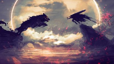 Warrior vs Dark Wolf HD Wallpaper Illustration of Berserk Demon with Abstract Fantasy Backgrounds