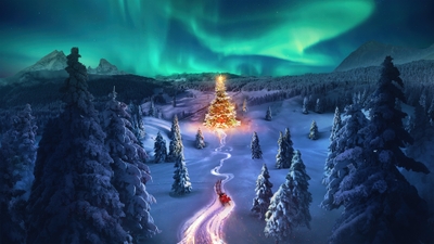 Festive Christmas Tree under Aurora Borealis Sky Glow