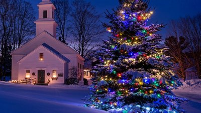 Snowy Church and Christmas Tree HD Wallpaper  1080p Winter Decoration for Desktop and Mobile