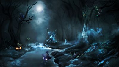 Spooky Halloween HD Wallpaper Video Game Screenshot with Clouds Dark Atmosphere featuring Mimikyu and Phantump