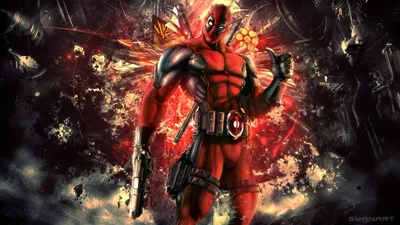 Deadpool in Action HD Marvel Comics Wallpaper Featuring Gun Strength  Red Theme  Free Download for Desktop  Mobile