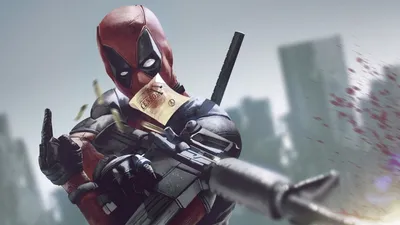 Deadpool in Action HD Wallpaper Featuring Marvels Superhero with Guns Armor and Battle Gear