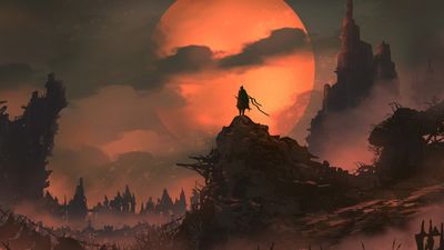 HD Wallpaper Digital Art of a Warrior with Sword in Castle Mountains Landscape  1080p HD Desktop Background