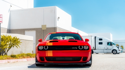 Roaring Power Dodge Challenger SRT Muscle Car Revs Up