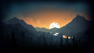 Sun and Mountain Illustration HD Wallpaper with Evening Trees and Mountains