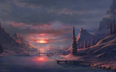 Drawing Sunset Snow Winter Trees Mountains Clouds HD Wallpaper  Free Download  1080p 2K 4K 5K