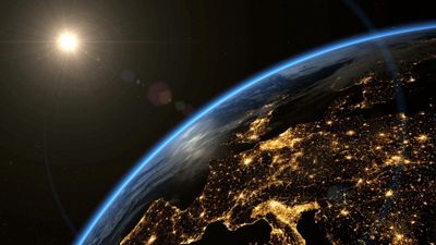 Explore the Beauty of Earth HD Wallpaper with Satellite Imagery Lens Flare and Orbit in 4K