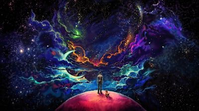 Explore the Cosmic Wonders Blue and Purple HD Wallpaper with Man and Dog on Top of Planet Painting  4K HD