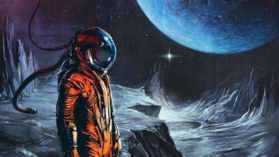 Explore the Universe with this HD Wallpaper Man in Orange Astronaut Suit with Moon Painting