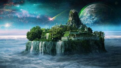 Immerse Yourself in the Magical World of Fantasy Art and Space with this Stunning 4K HD Wallpaper Featuring Waterfalls Islands Castles Cities and Mesmerizing Skies