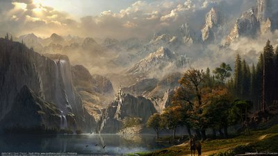 Fantasy Mountain Valley Landscape HD Wallpaper in 1080p with Stunning Natural Depression