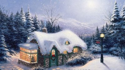 Snow Covered House Illustration in HD Forest Lights and Tree Wallpaper