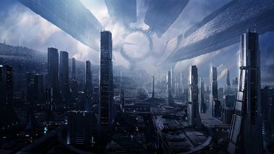 Mass Effect Cityscape Wallpaper Futuristic Gray City Buildings in HD 1080p