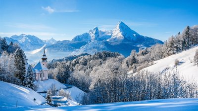 WQHD HD Wallpaper Germany Bavaria Alps Winter Scene with SnowCovered Mountains Trees and House  Free Download