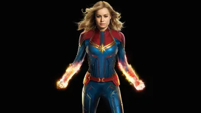 Captain Marvel HD Wallpaper Brie Larson in Iconic Superhero Costume on Black Background  Free Download for Desktop  Mobile in 1080P 2K 4K 5K