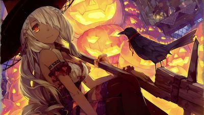 Spooky Halloween Anime Fan Art Wallpaper Jack O Lantern Pumpkin Crow  Witch Hat  HD 1080p