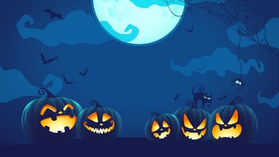 8k HD Wallpaper Halloween Night with Cartoon Bats Pumpkins and Darkness in Blue  Free Download for PC Mobile and Tablet