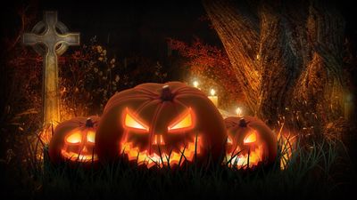 Spooky Halloween Night HD Wallpaper with Pumpkin Cross and Holiday Vibes in 1080p Resolution