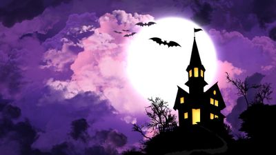 Spooky Halloween Night HD Wallpaper of Bats Castles and Moon in Purple Sky