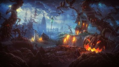 4K HD Wallpaper Castle Trees and Pumpkin Digital Art for Halloween  Terrifying Night Scene with Glowing Illuminations