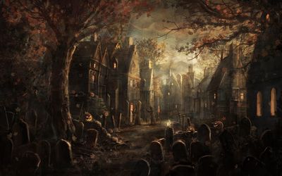 Spooky Graveyard Near Town HD Wallpaper for Game Applications  Halloween Fantasy Art and More