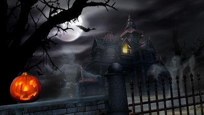 Spooky Haunted Halloween House Wallpaper Full Moon Jack O Lanterns and Ghostly Spirits in HD 1080p