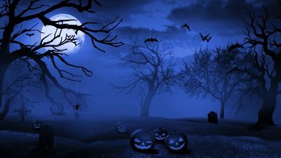 Spooky Halloween Night HD Wallpaper with Bats Blue Moon and Jackolantern in Graveyard