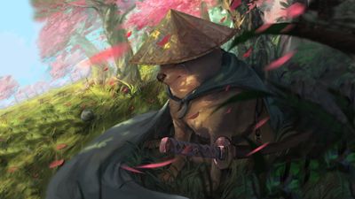 4K HD Wallpaper Katana Samurai in a Serene Landscape with Petals Trees and a Crying Dog in Cloak  Free Download for PC Mobile Tablet 3840x2160px