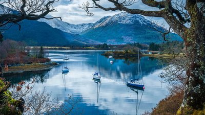 HD Wallpaper Breathtaking Landscape of Sailboats Mountains and Reflection in Scotland  Free Download 1080p