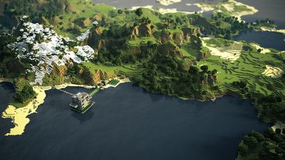 Explore the Stunning Game Map Illustration of Minecraft Coast Mountains Trees and Beach  HD Wallpaper 1080p