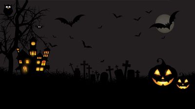 Spooky Halloween Wallpaper Minimal Graveyard with Bats Owls Castle Scary Pumpkins  HD 2560x1440px