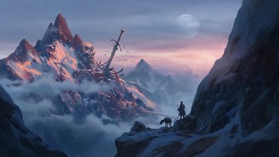 Skull and Sword Illustration HD Wallpaper with Mountains Giants and Skeletons