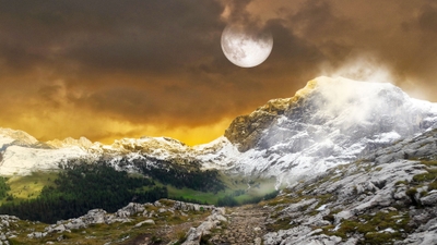 Majestic Mountainscape under the Full Moon  Serene Night Sky View