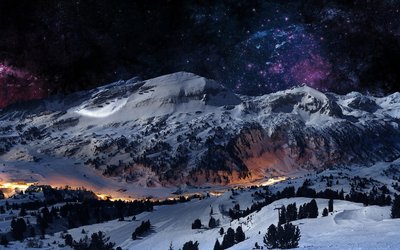 Snowy Mountains and Galaxy HD Wallpaper Stunning 1080p Landscape with Stars Space and Blue Hues