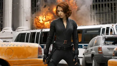 Scarlett Johansson as Black Widow in The Avengers Explosive HD Wallpaper Featuring Superheroine Amidst Fire and Chaos