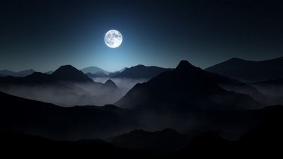 Stunning 1080p HD Wallpaper Moon and Mountains in a Misty Starry Night Landscape