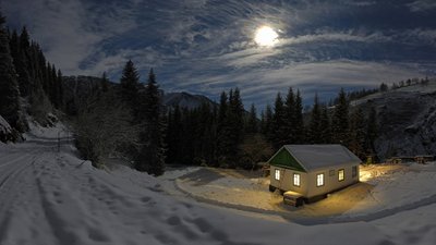 White and Green House in Nature HD Wallpaper with Moonlight Mountains and Snow