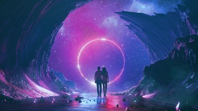 Neon Retro Style HD Wallpaper Man and Woman Between Rocks Illustration  Space Romance and Mystery