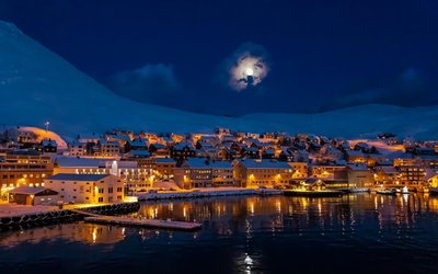 Night City Town Moon Mountains Snow Winter House Lake Lights  HD Wallpaper 1080p