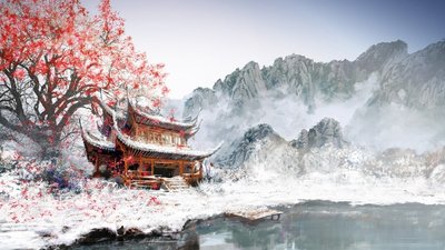 Brown Temple Illustration with Red Cherry Blossom HD Wallpaper for Desktop and Mobile