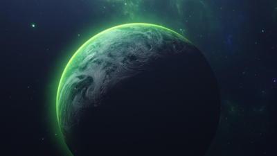 Vibrant Green Planet in Celestial Orbit  Stunning Nature Wallpaper