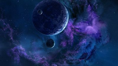 WQHD and HD Wallpaper Stunning Two Gray and One Blue Planets Digital Art with Space and Stars