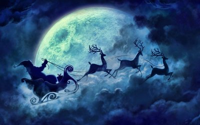 Santa Claus and Reindeer Illustration HD Wallpaper for Christmas with a Full Moon