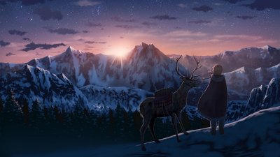 Snowy Anime Girls with Deer in Winter Mountains  HD Wallpaper 1080p