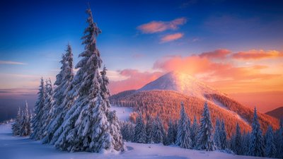 Snowy Winter Mountains at Sunset HD Wallpaper for Desktop and Mobile  4K Resolution