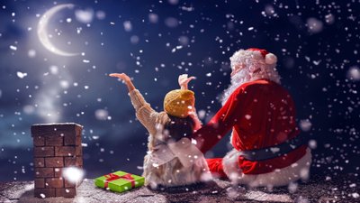 Snowing Winter Christmas HD Wallpaper with Santa Claus and Child on Moonlit Roof  Free Download 4K