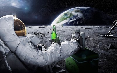 HD Wallpaper Astronaut Sitting on Moon with Green Liquid Bottle in Galaxy